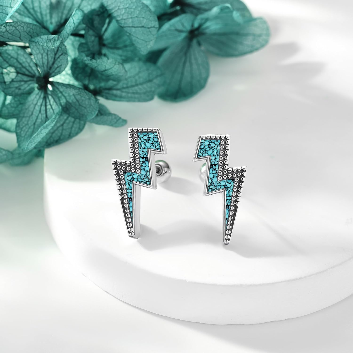 Lightning Bolt Earrings Sterling Silver Created Turquoise Earring Lightning Screw Back Stud Earrings Jewelry for Women