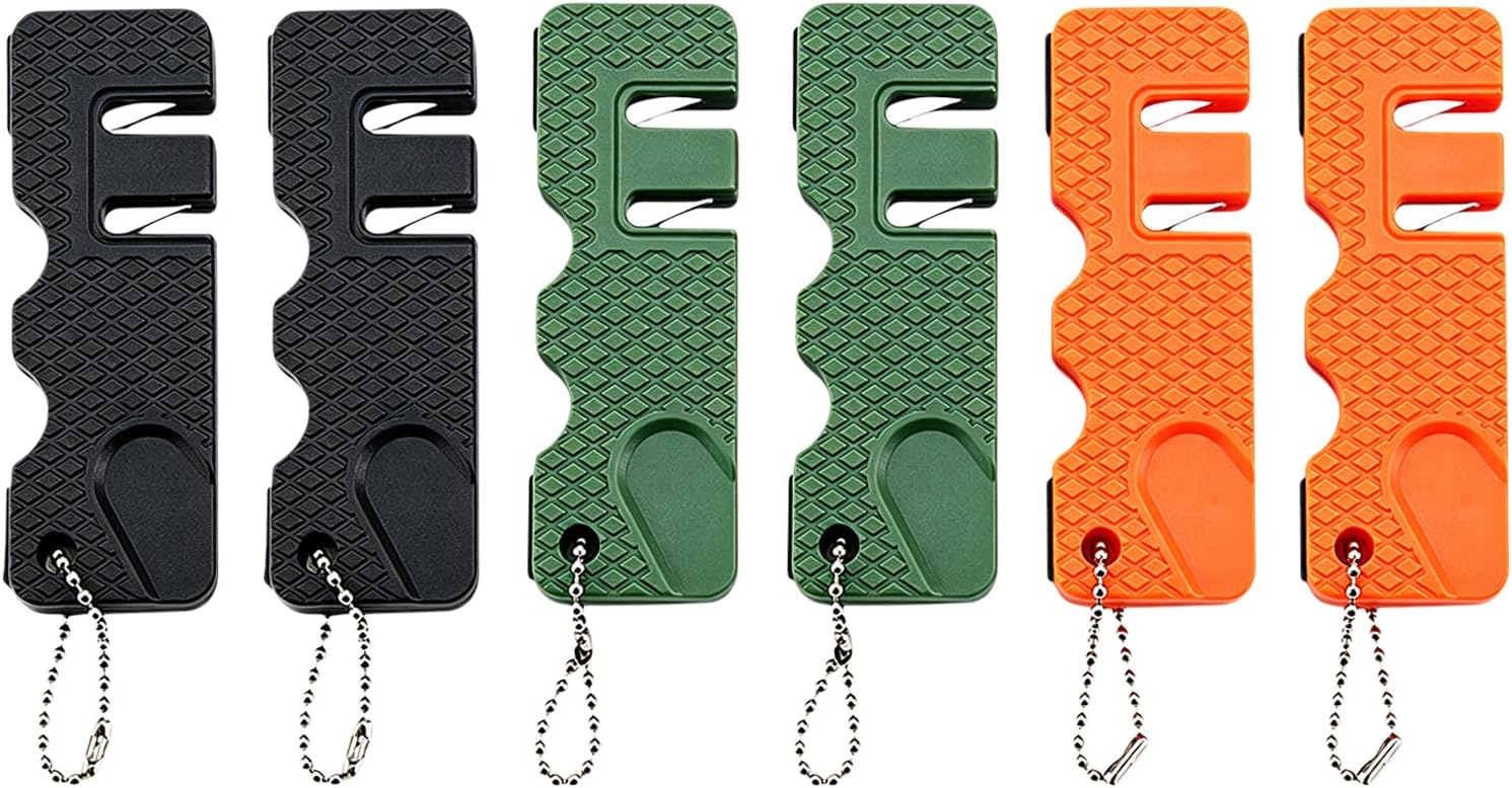 6-Pack Mini Pocket Knife Sharpener - Portable Sharpening Tool with Tungsten Steel and Ceramic for Various Knives (Black, Green, Orange), Including Camping and Kitchen Knives