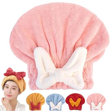 Super Absorbent Hair Towel Wrap For Wet Hair,Microfiber Hair Drying Towels Head Wrap With Bow-Knot Shower Cap,Hair Wraps For Shower,Quick Drying Microfiber Hair Towel Pink