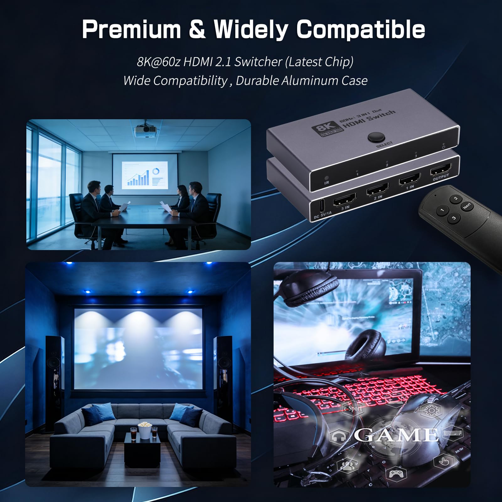 Enbuer Switch HDMI 2.1 8K, commutatore HDMI 2.1 3 in 1, supporta CEC 8K@60Hz, 4K a 240Hz, 1080P@4800Hz, HDCP 2.3 HDR 3D Dolby Atmos VRR Compatibile con PS5 Xbox Blu-Ray Player con telecomando IR