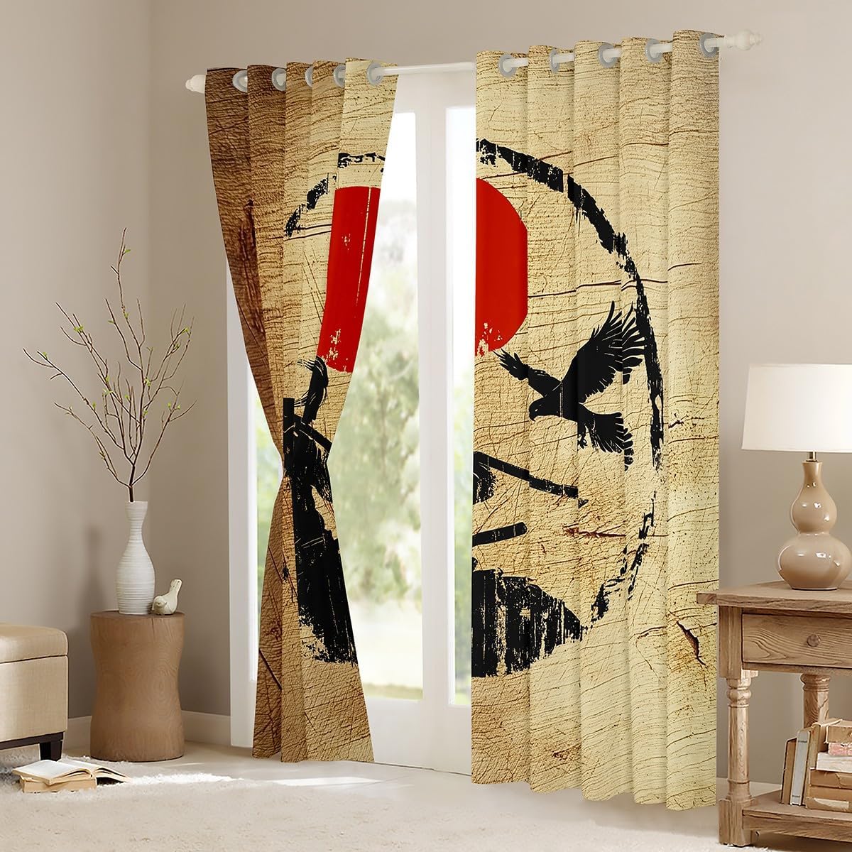 Manfei Japanese Samurai Window Drapes,Warrior Sun Eagle Blackout Curtains,Vintage Wood Simple Nursery Bedroom Playroom Decor,Yellow and Red 2 Panels,52Wx63L inch image 3