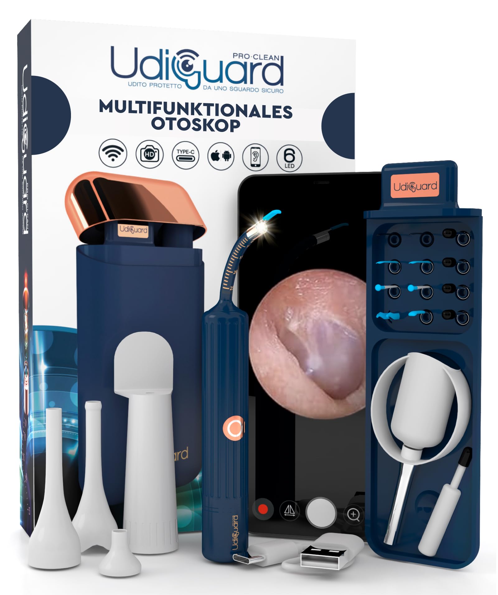 Ohrenschmalz Entferner Otoskop Flexibler Digitaler Ohrreiniger 10MP-HD-Kamera WiFi Ohrenspiegel UdiGuard Pro-Clean mit Pinzette und Austauschbaren Spitzen - Erwachsene und Kinder Hals-Nasen-Ohren-Set