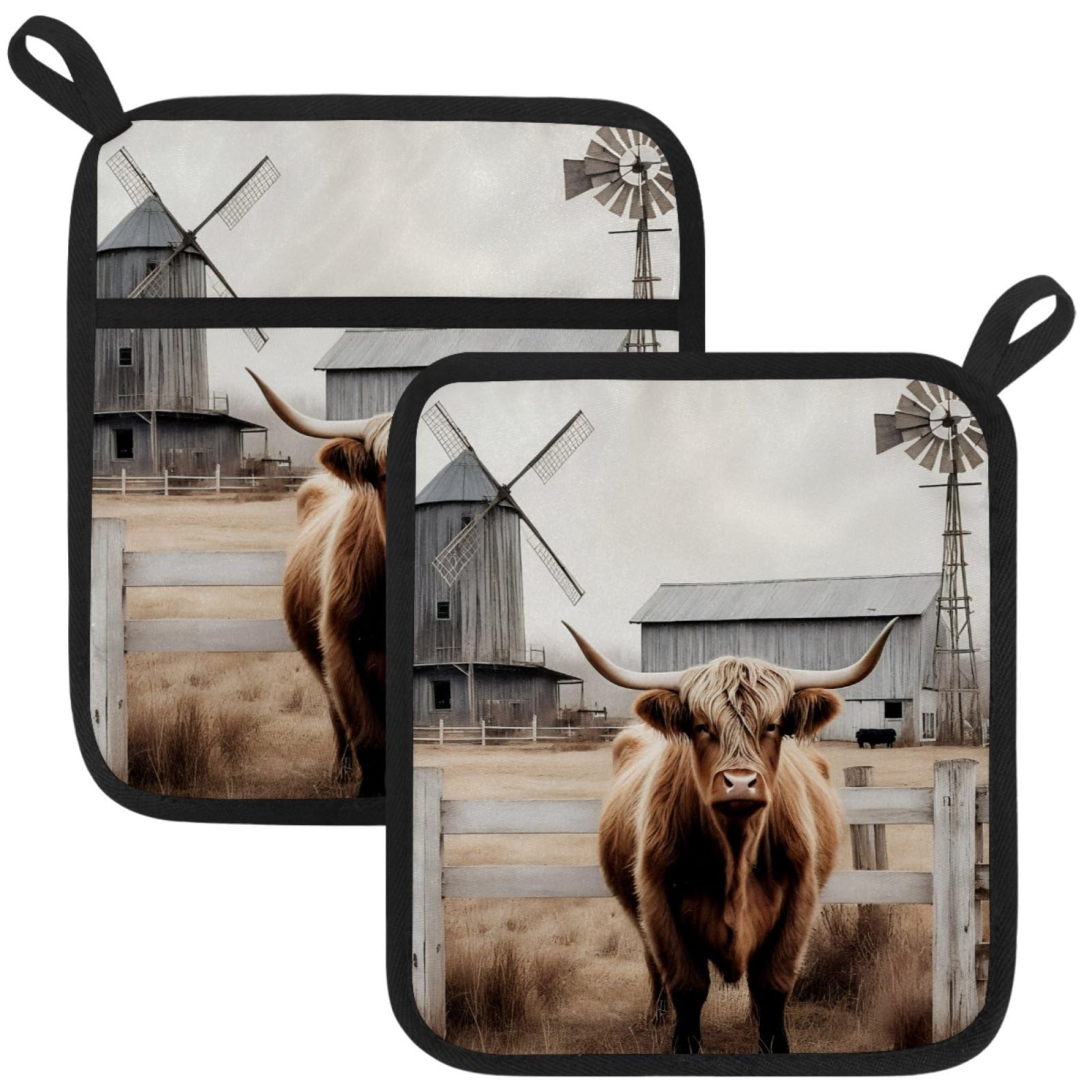 VAPOKF Farmhouse Highland Cattls Pot Holders with Pocket for Kitchen Heat Resistant Potholders Large Polyester-Cotton Square Oven Mitts Set