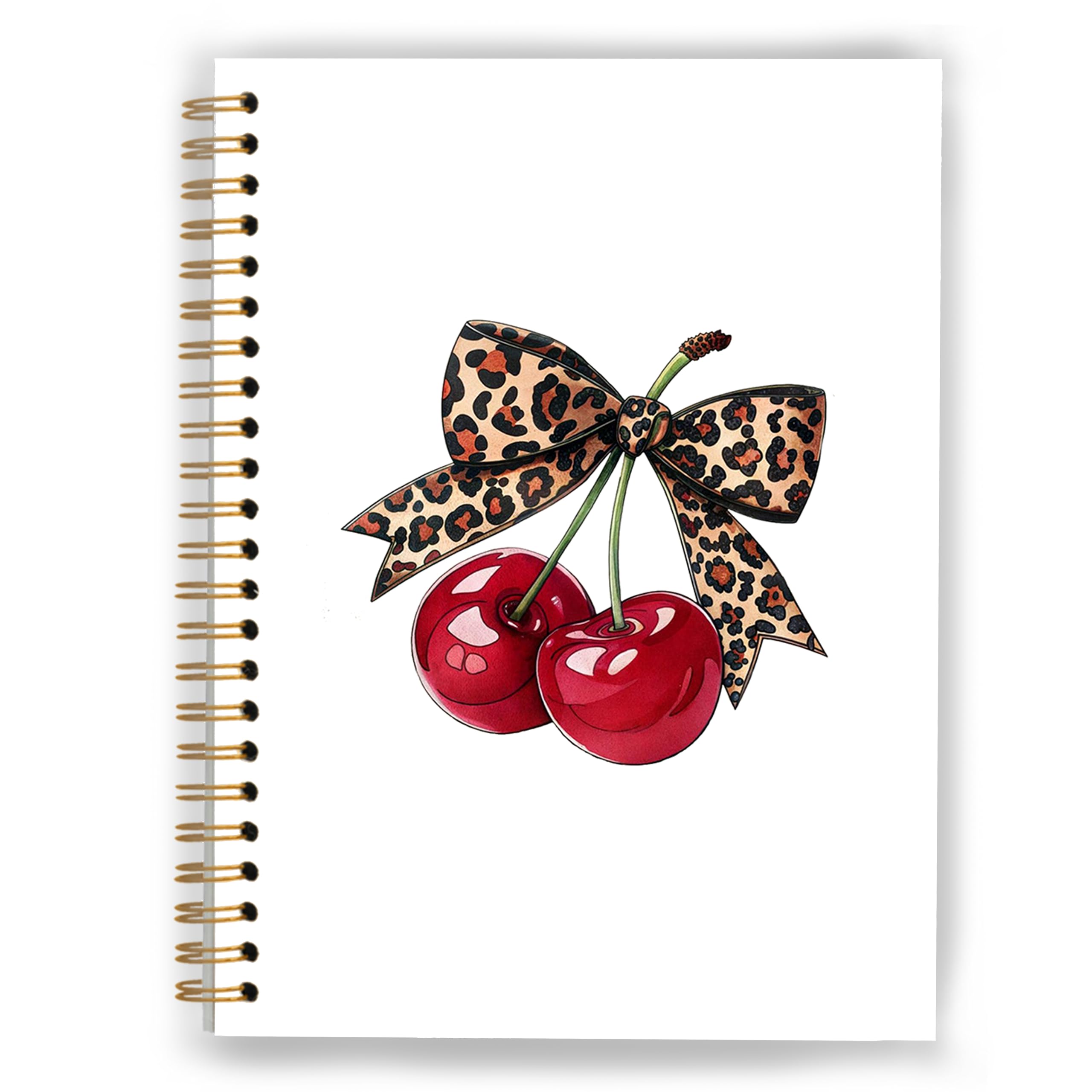 XUNLURY Trendy Preppy Coquette Leopard Bow Cherry Notebook Journal,Aesthetic Girly Office Supplies, Funky Cheetah Print Bow Journal, Cherries Spiral