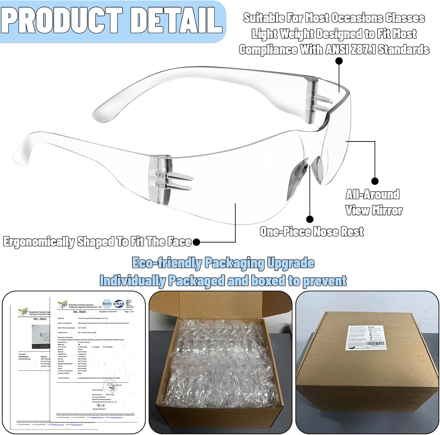 110 PCS Clear Safety Glasses Bulk for Men Women ANSI Z87.1 + 150 PCS 5 Inch Sanding Discs 8-Hole Round Hook and Loop Sanding Pads 10 Grades Include 60 120 240 400 600 800 1000 1200 1500 2000 Grit