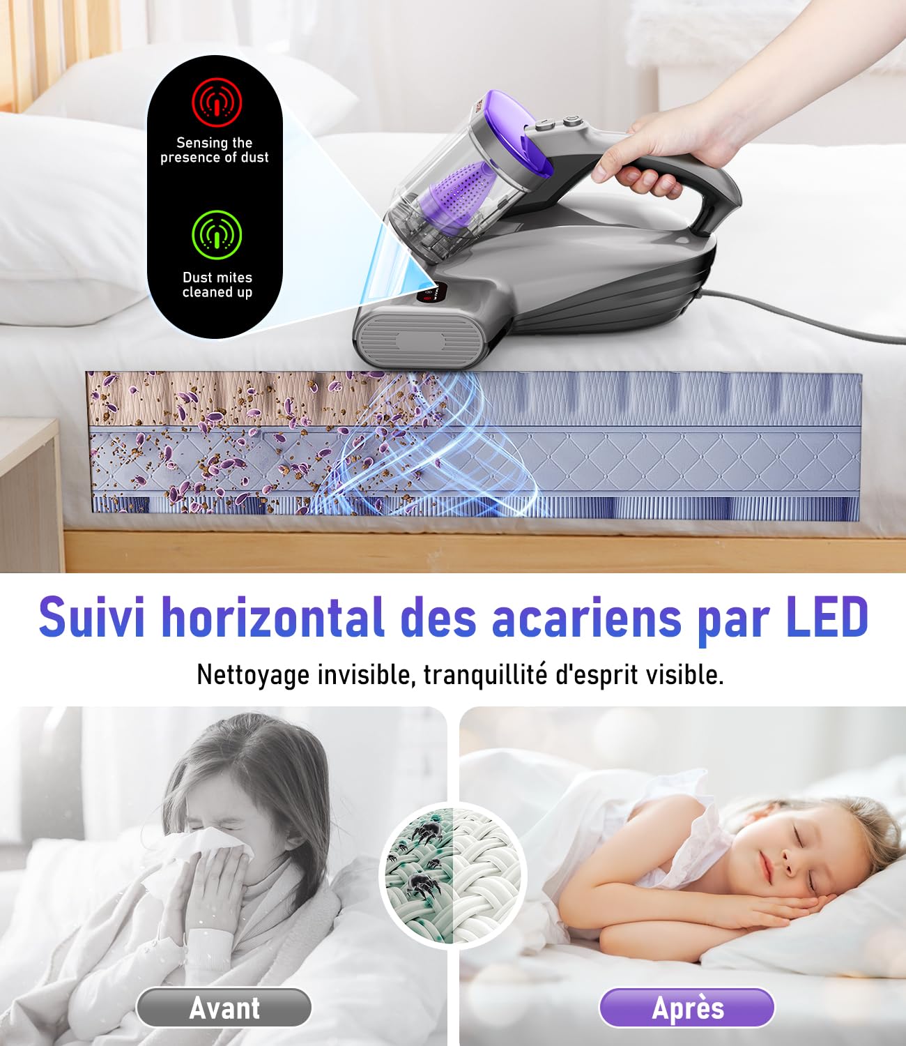 PEXCHO PM600 Aspirateur Anti Acariens avec lumière UV, 500 W, pour Les Personnes allergiques, élimine 99,9% des acariens, allergènes, Poils d'animaux des Matelas, Tapis et canapés