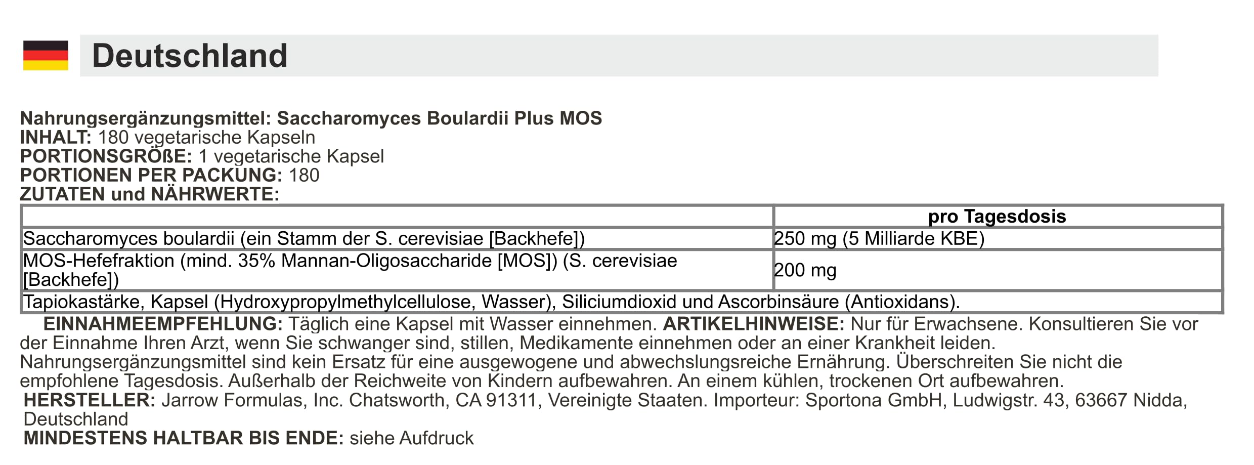 Jarrow Formulas - Saccharomyces Boulardii + MOS | Probiotische Unterstützung für die Darmgesundheit - 180 Kapseln