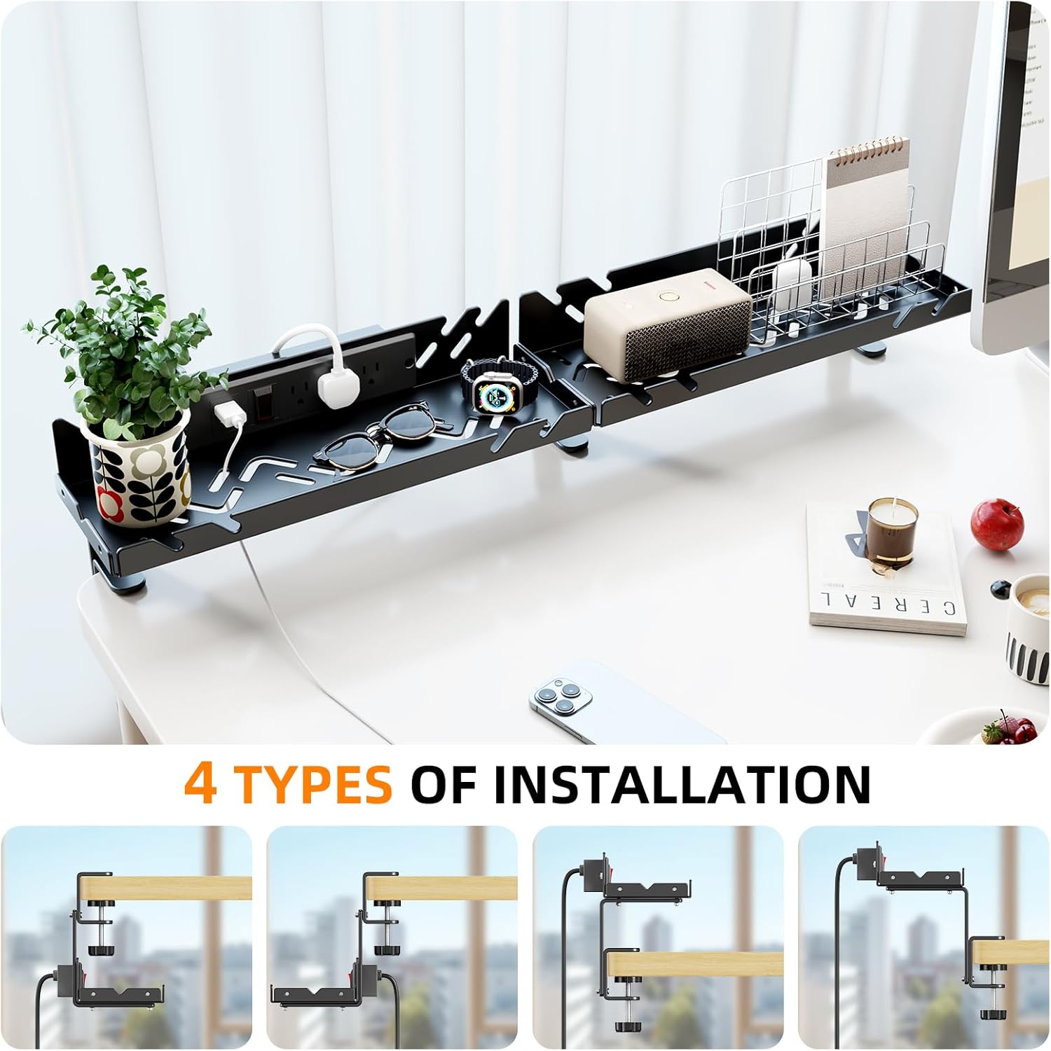 Extended Metal Under Desk Cable Management Tray with Power Outlet, No-Drill Wire Organizer with Clamp, Cord Storage Raceway for Desk Cable Management for Office Home (Black)