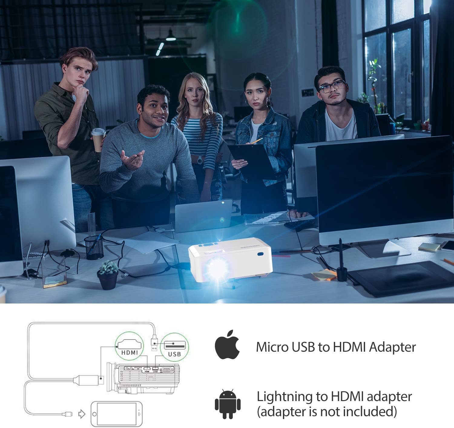 Diagram showing how to connect a smartphone to the projector using an HDMI adapter
