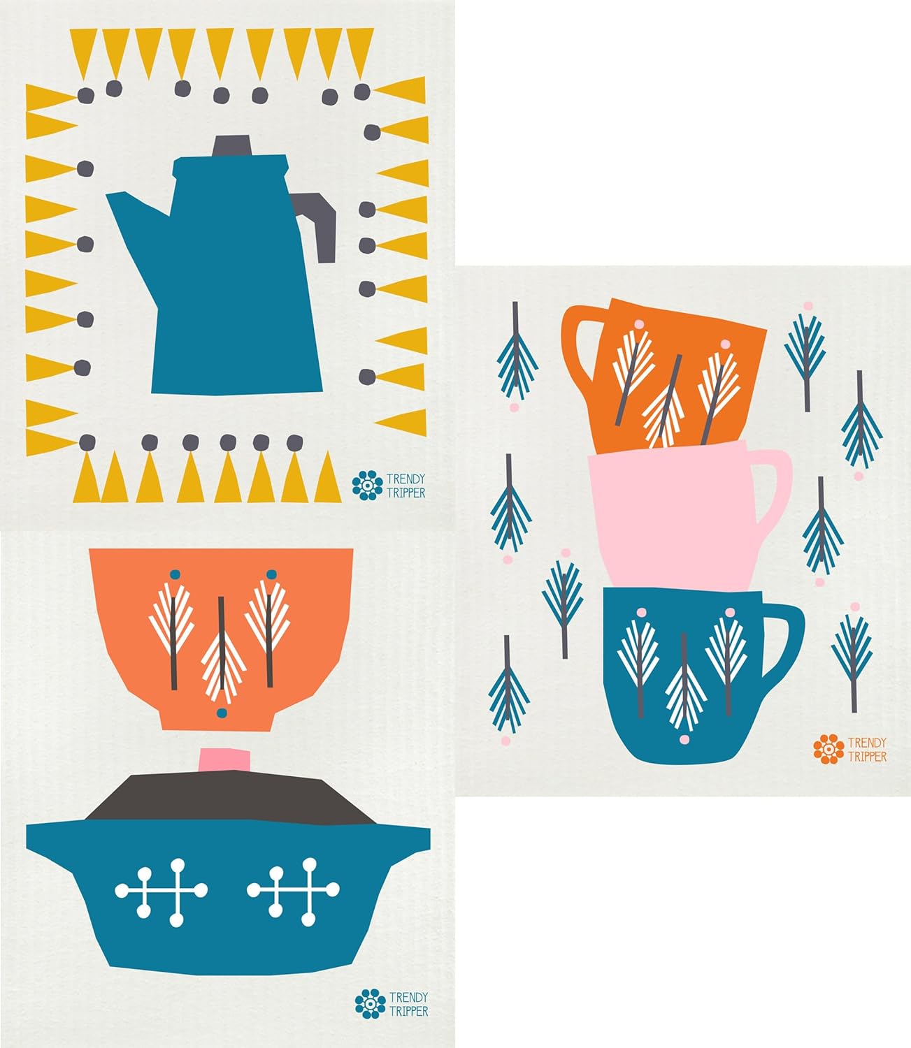 Swedish Dishcloths/Sponge Cloths – Anna Kovecses Midcentury Designs – Set of 3 Kettle/Cups/Bowls (Cobalt Blue/Yellow/Orange on Natural)