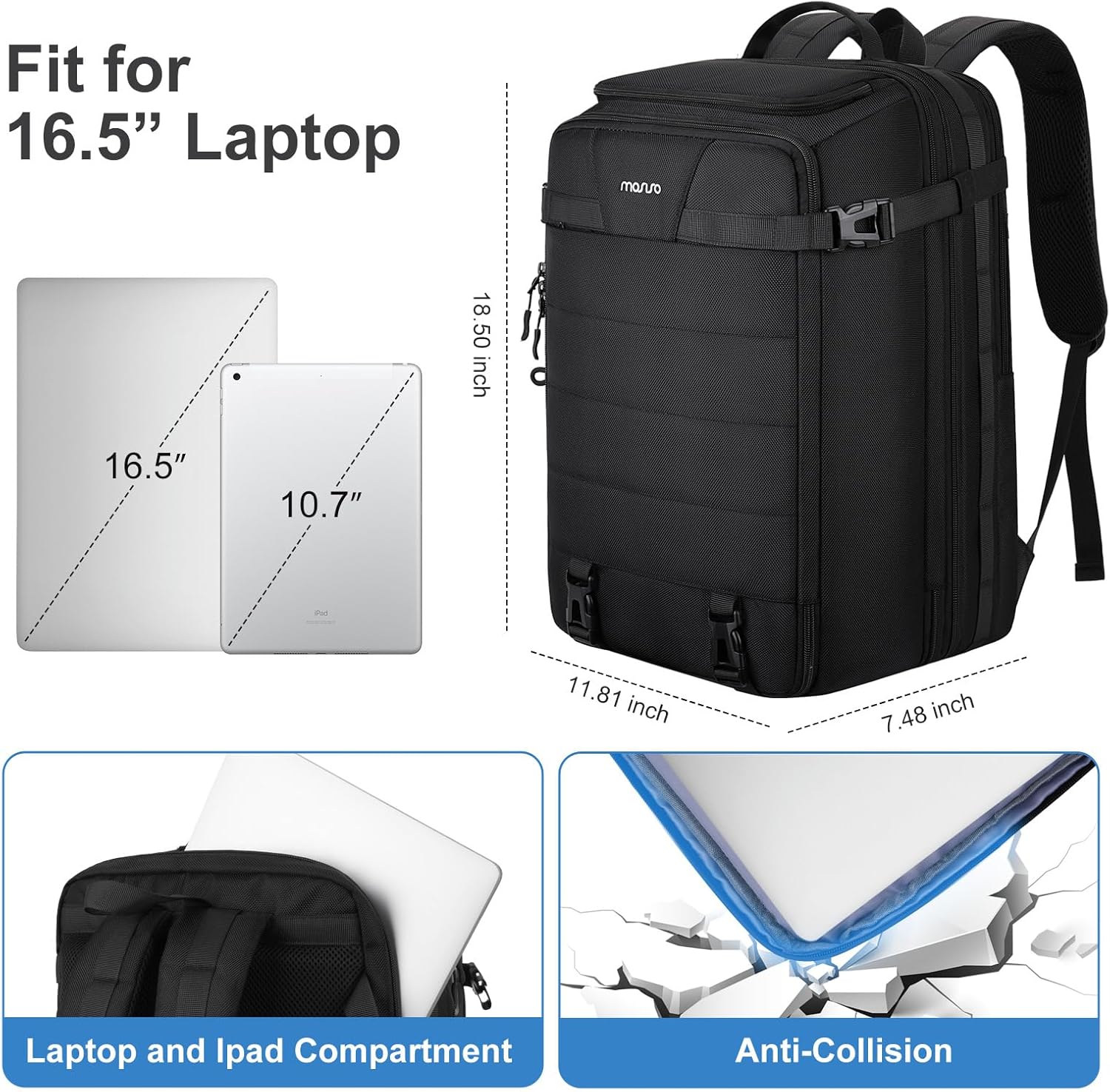 MOSISO Travel Backpack for Women Men, 17-17.3 inch Expandable Extra Large Laptop Backpack Flight Approved Anti-theft, TSA Computer Daypack Bag with USB Port for Weekender Business Hiking, Black