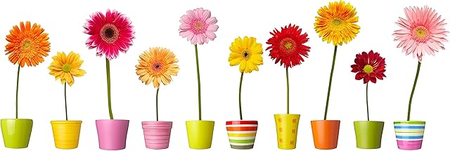 Flower Pots Window Stickers - 10 Individual Colourful Flowers in Pots Static Cling decorations for Windows and Glass Doors - Small