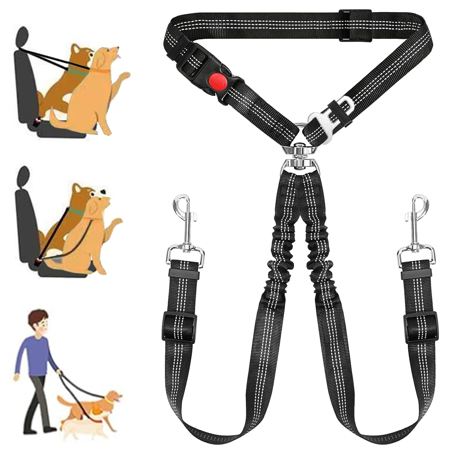Tiesenci Double Dog Car Seatbelt No-Pull Bungee Reflective Black
