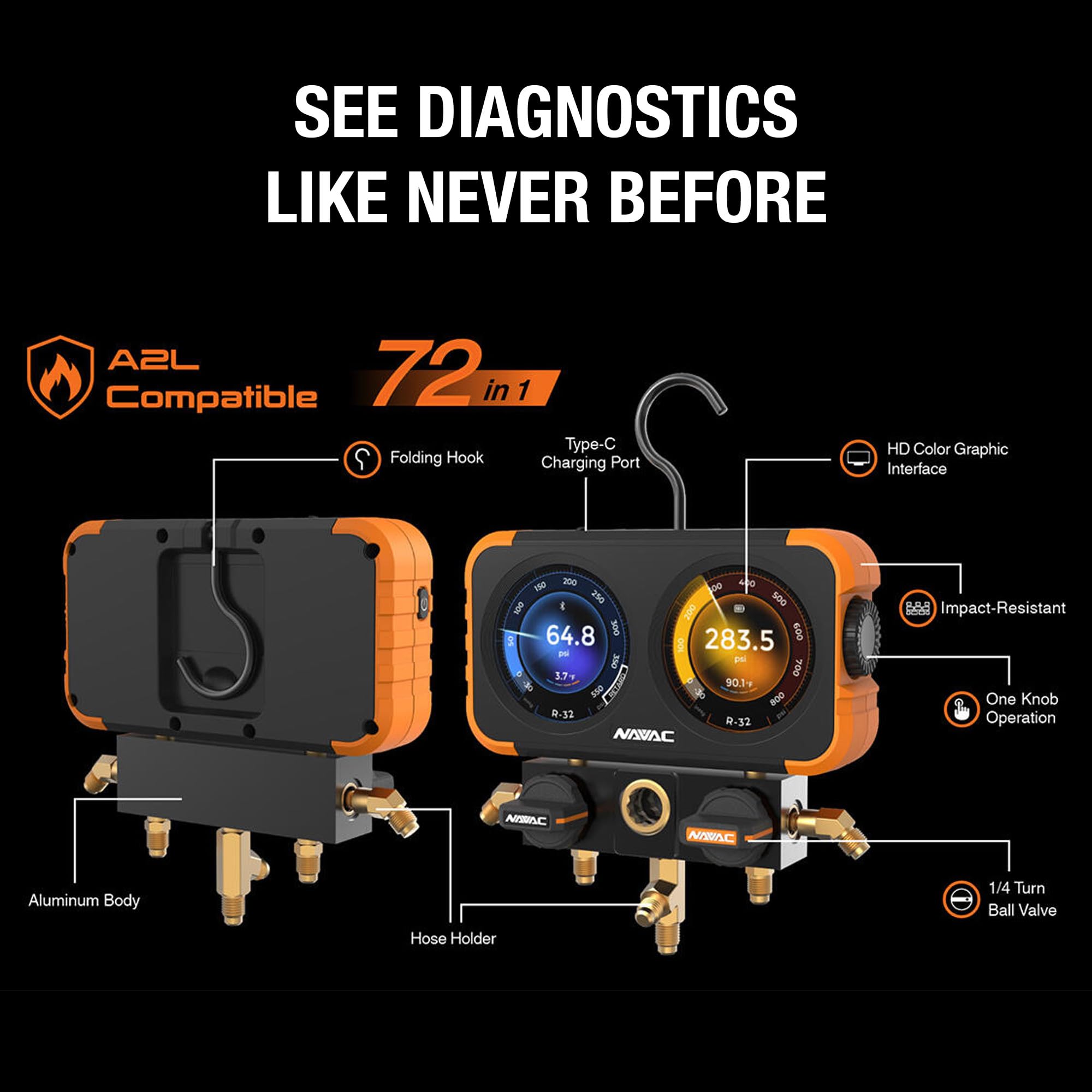 NAVAC N2DX Flex-X Manifold Gauge | HD Color Graphic Interface | Class 0.4 Accuracy | Impact-Resistant Digital Display with Aluminum Body and Rubber Cover | A2L Compatible | 2 Years Warranty