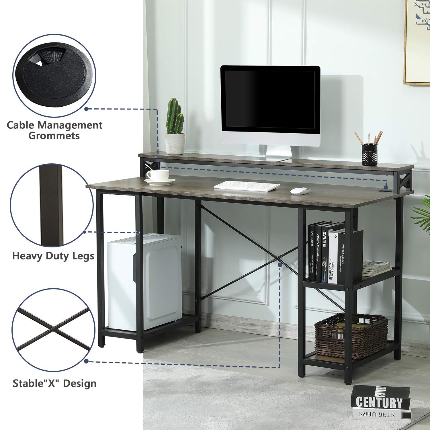 Sedeta 55" Computer Gaming Desk with Hutch and Storage Shelves, Office