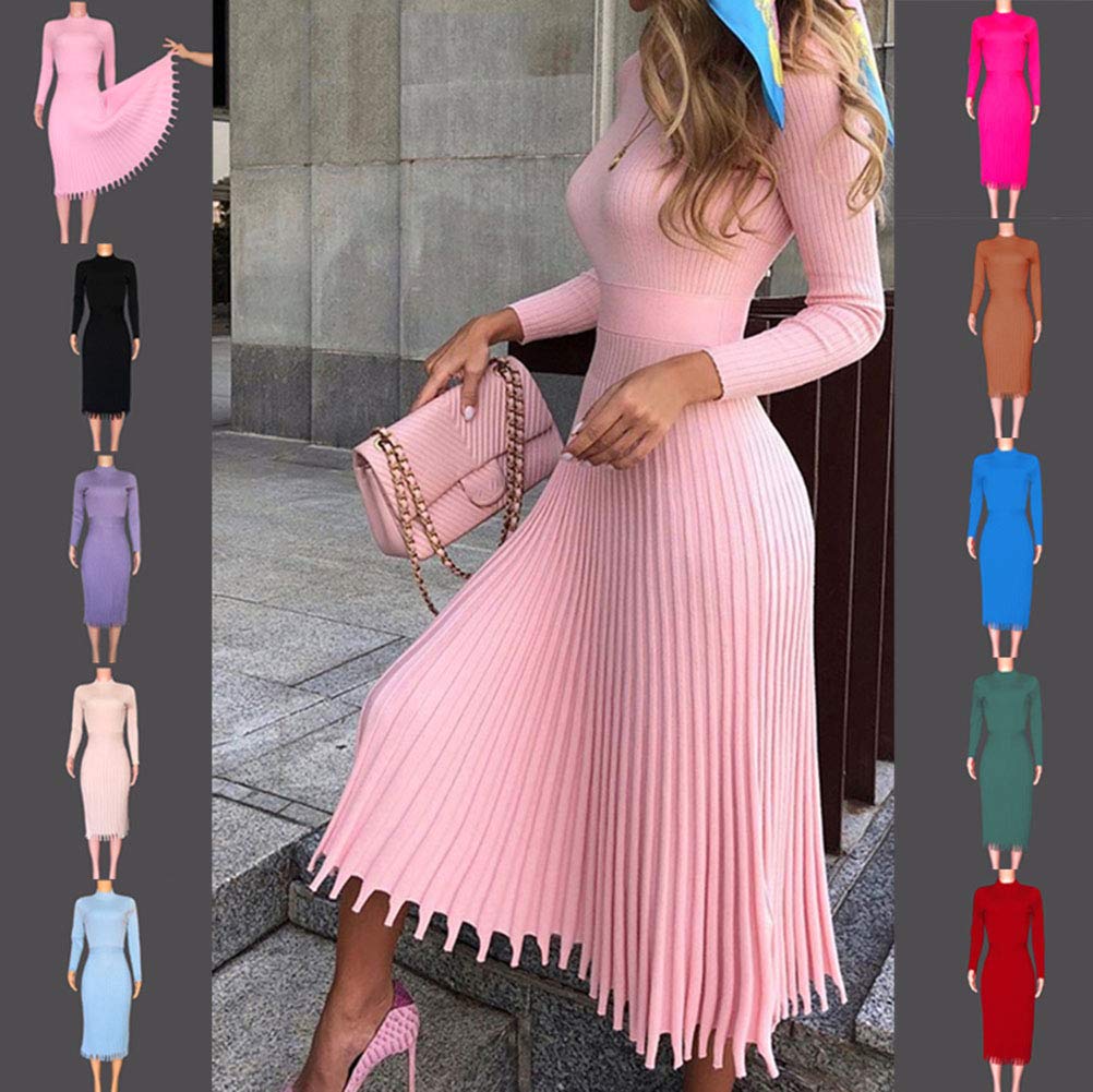 Minetom Damen Cocktail Festlich Hochzeit Party Kleid Langarm Winter Pullover Strickkleid Sweatkleid Elegant Midi Plissee Abendkleid