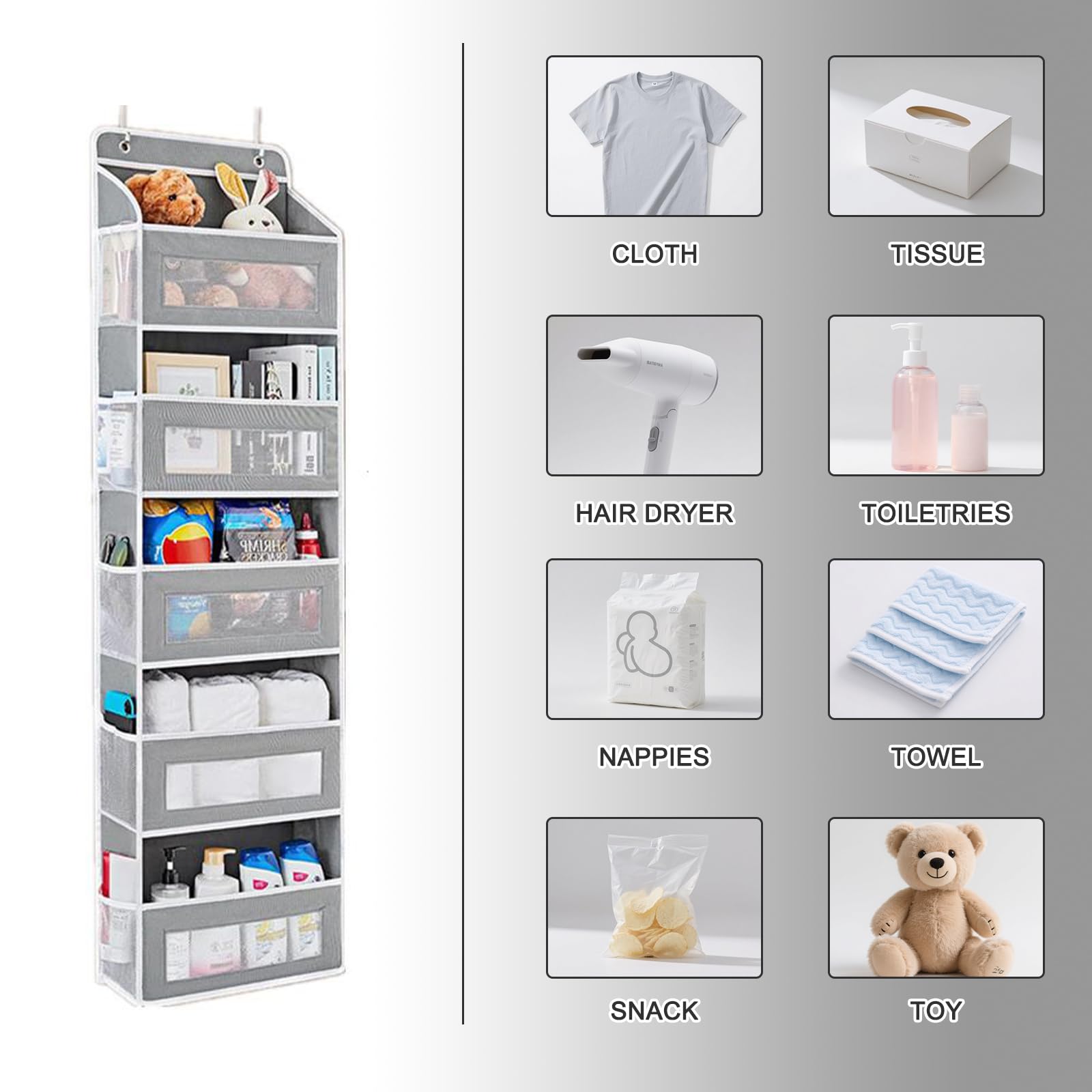 Hoconnie Organiseur de porte à suspendre avec poches transparentes, crochets en métal pour chambre, salle de bain, cuisine, camping-car, (gris clair, 5 poches)