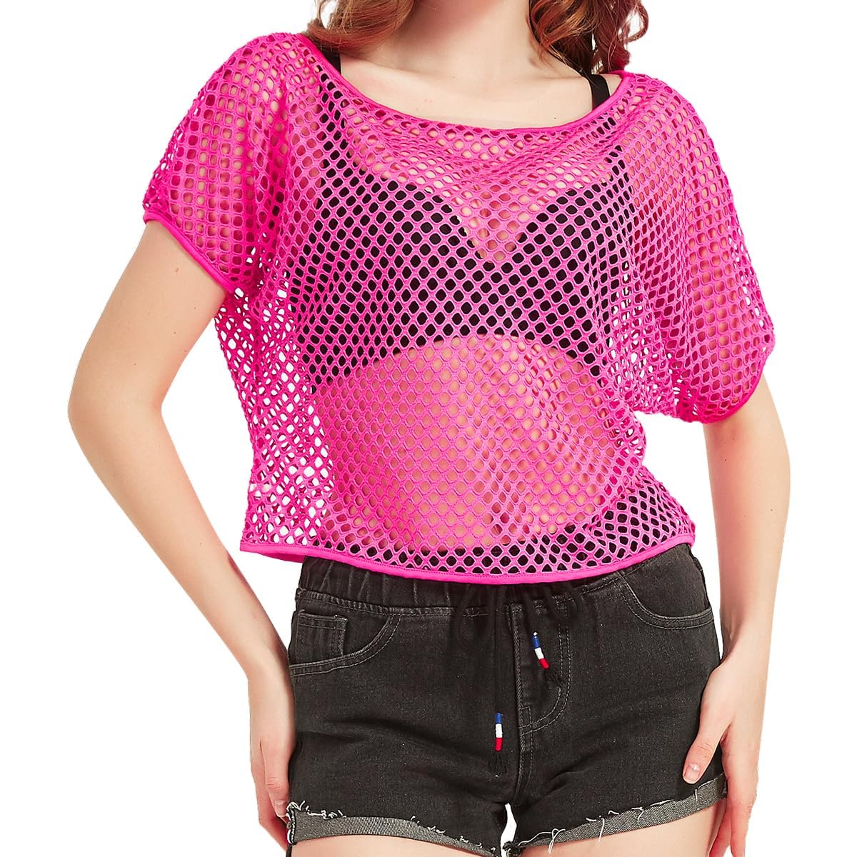 80s Fancy Fishnet Top for Women, Neon Mesh Top Off the Shoulder T-shirt 1980s Retro Theme Party Costume Accessories Cosplay