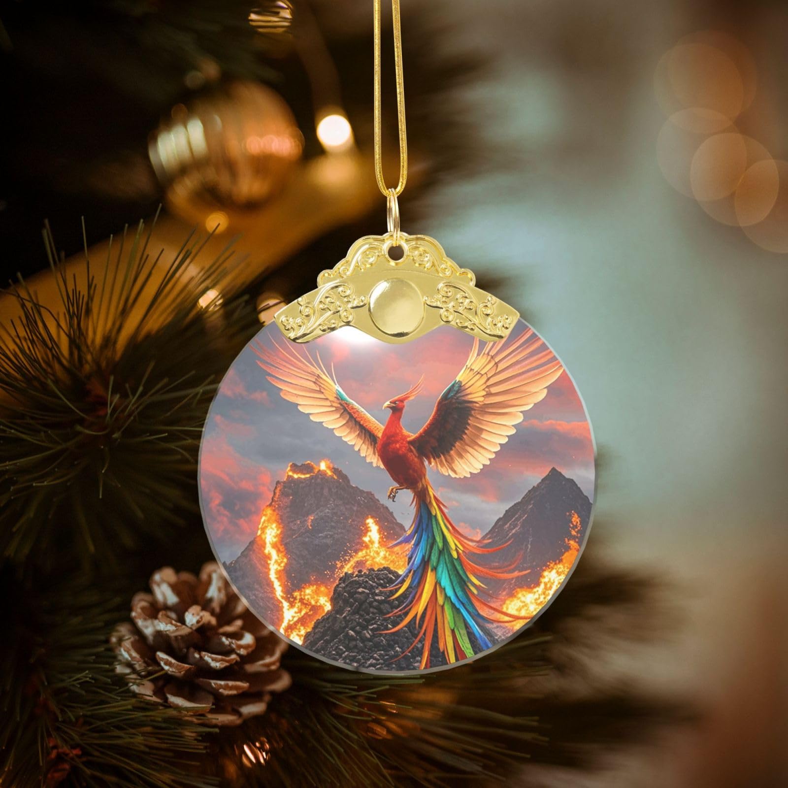 Crystal Christmas Ornaments for Christmas Tree Decoration Hanging Phoenix and Fire Ornament with Gold Ribbon Crafts Round Pendant for Keepsake Gifts Glass Xmas Decor Party Supplies