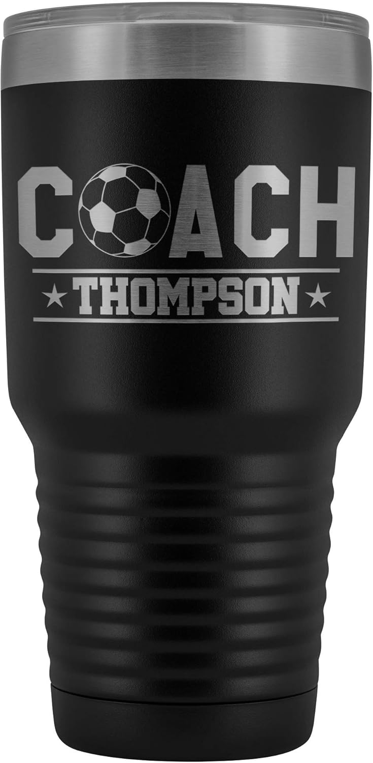 Personalized Soccer Coach Tumbler Cup With Coach Name - Customized Soccer Coach Gift - Custom Soccer Coach Travel Mug - Black