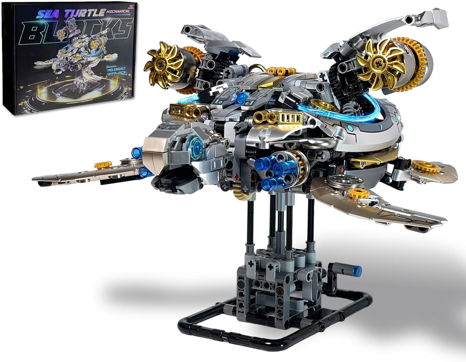 Mechanical Sea Turtle Building Set, Ocean Animal Collection Toy, Rotatable Link Components & Display Stand with Light, Compatible with LEGO for Adults, STEM Construction Toy Gift for Age 12+, 1277 PCS