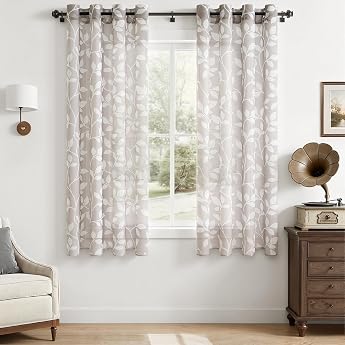 CUTEWIND Curtains Living Room Store Curtains Transparent Curtains with Eyelets 160 cm High 140 cm Wide Curtain Modern Curtains Grey with White Leaf Print Pattern for Windows Bedroom Set of 2