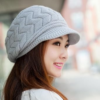 Womens Winter Hat and Gloves Set for Girls Wool Knit Skull Cap with Visor