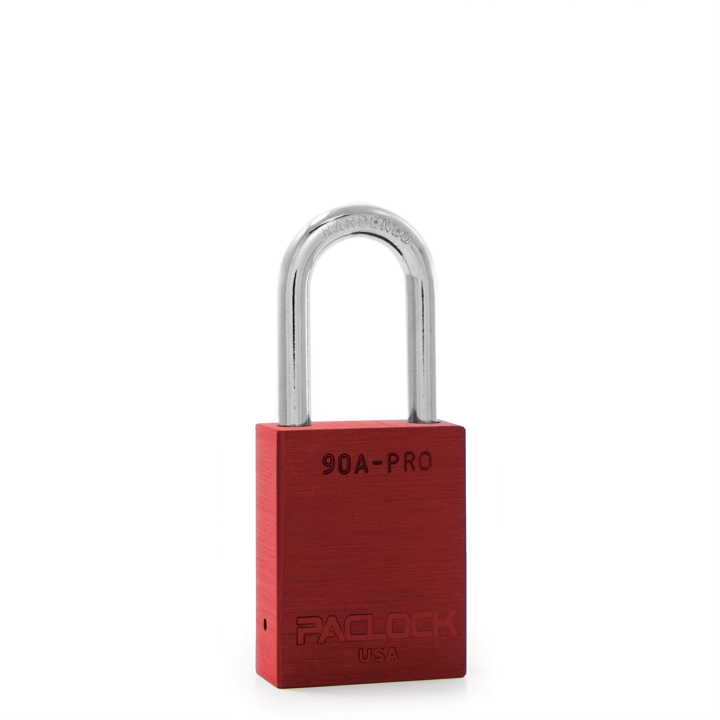 PACLOCK's 90A-PRO Padlock, 1/4" Diameter Hard. Steel Shackle, 1-1/2" Tall, High Performance 7-Pin Cylinder w/ 1 Key, Keyed Differently, Red