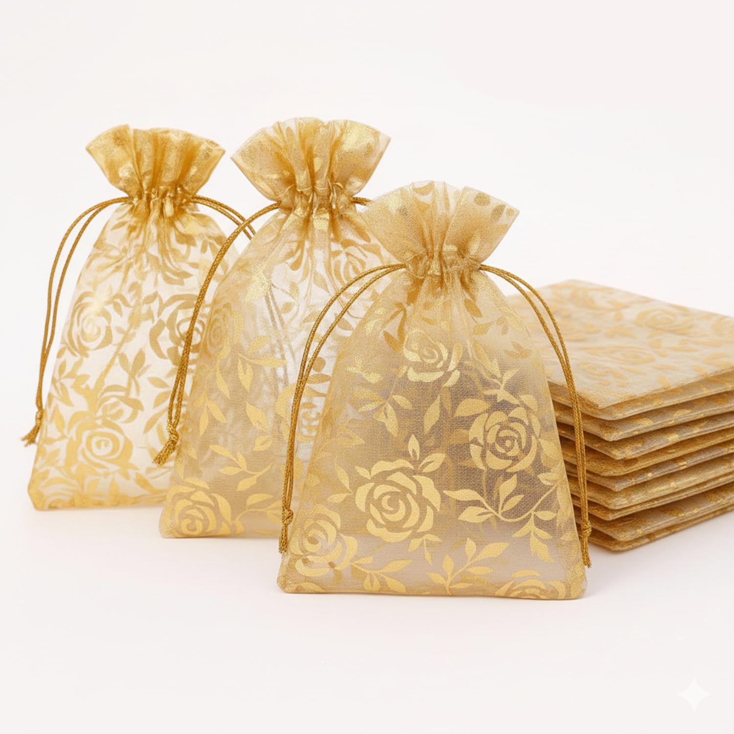 TIED RIBBONS Set of 30 Organza Gift Pouch Bags Floral Print (Small, 10 x 14 Cm) | Drawstring Jewelry Packaging Bags for Return Gifts, Wedding, Dry Fruits | Reusable Decorative Storage Pouches