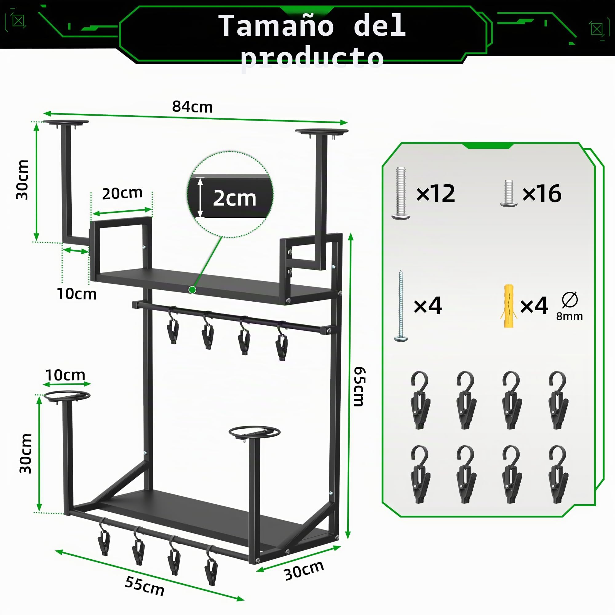 Soporte casco moto, de pared, para 4 cascos, dos niveles, metálico,L | Universal para todos los cascos, doble barra, colgar ropa y guantes, 8 pinzas, robusto, accesorios moto, percheros pared