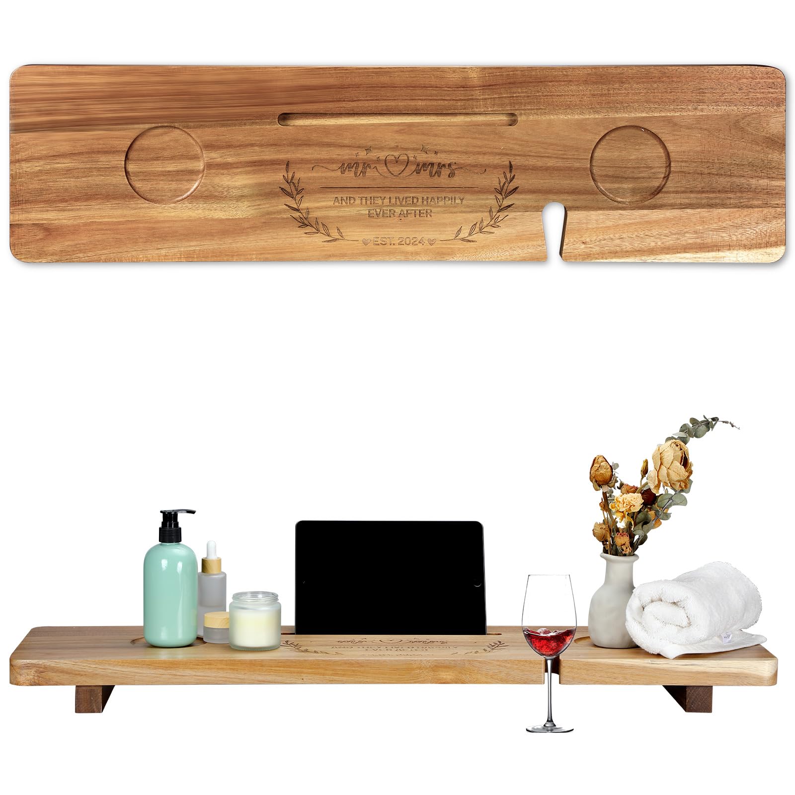 Wood Bath Tray for Wedding Gifts, Marriage Gift, Mr and Mrs Gifts, Wedding Presents for Newlyweds Couple Table Bathtub Tray Caddy Bathtub Accessories for Bathtub Bathroom Spa Wedding Gifts