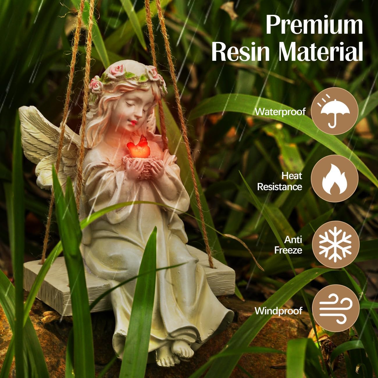 Angel Garden Statue,Fairy Solar Garden Decor with Warm Light,Waterproof Angel Statue with Swing & Holding Bird,Outdoor Garden Decor for Lawn Yard Patio Windowsill Garden Gifts, Apricot