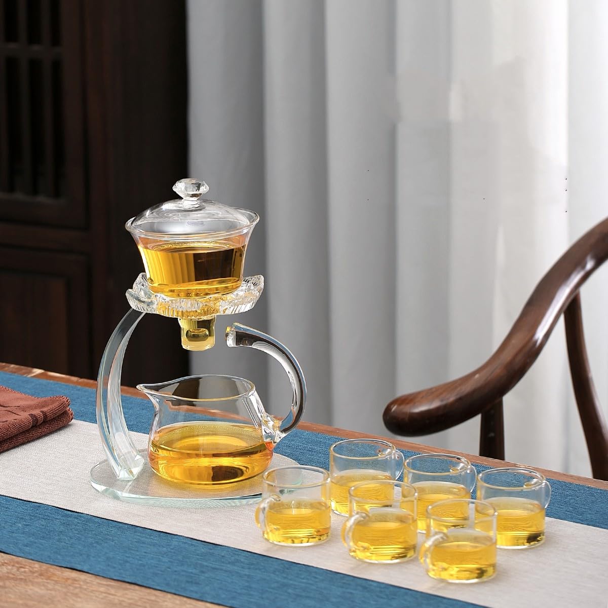 Półautomatyczny szklany czajniczek, Lazy Kungfu Drip Teapot z zaparzaczem, wzór kwiatu lotosu, żaroodporny szklany zestaw do herbaty, odpowiedni do recepcji domowej/biurowej (przezroczysty,