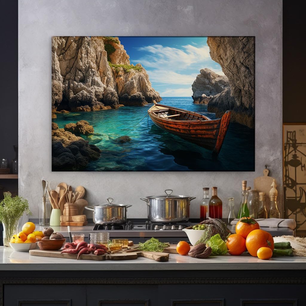 Canvas for Living room. Serene Cove Escape: A Small Boat�s Peaceful Journey Between Rocky Cliffs, 27 x 18 inch Canvas Wall Art - Contemporary Masterpieces - Modern Home Decor