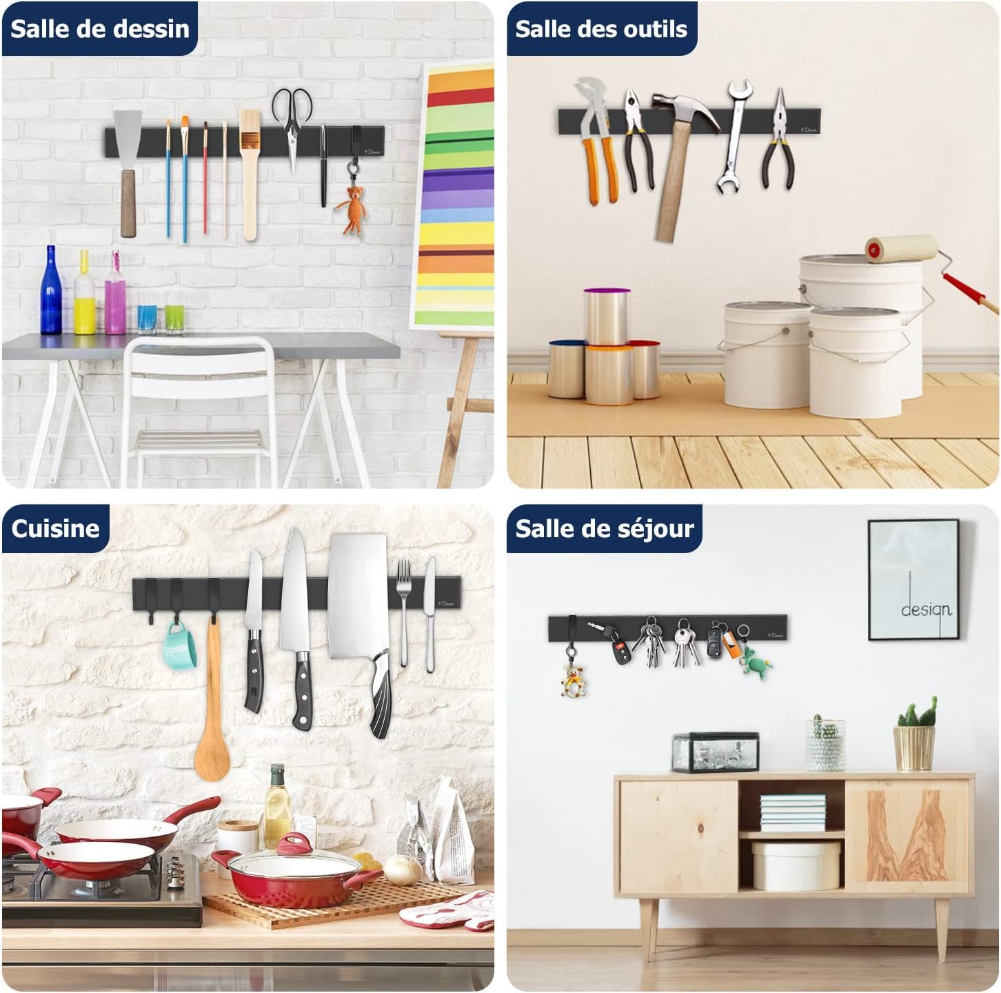 Porte Couteaux Aimanté Dmore avec 3 crochets, Range outeaux noire de 40 cm sans perçage, Extra-Fort aimant couteau, installation facultative avec bande adhésive ou vis pour une cuisine bien rangée