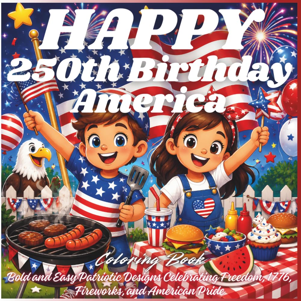 HAPPY 250th BIRTHDAY AMERICA Coloring Book: Bold and Easy Patriotic Designs Celebrating Freedom, 1776, Fireworks, and American Pride