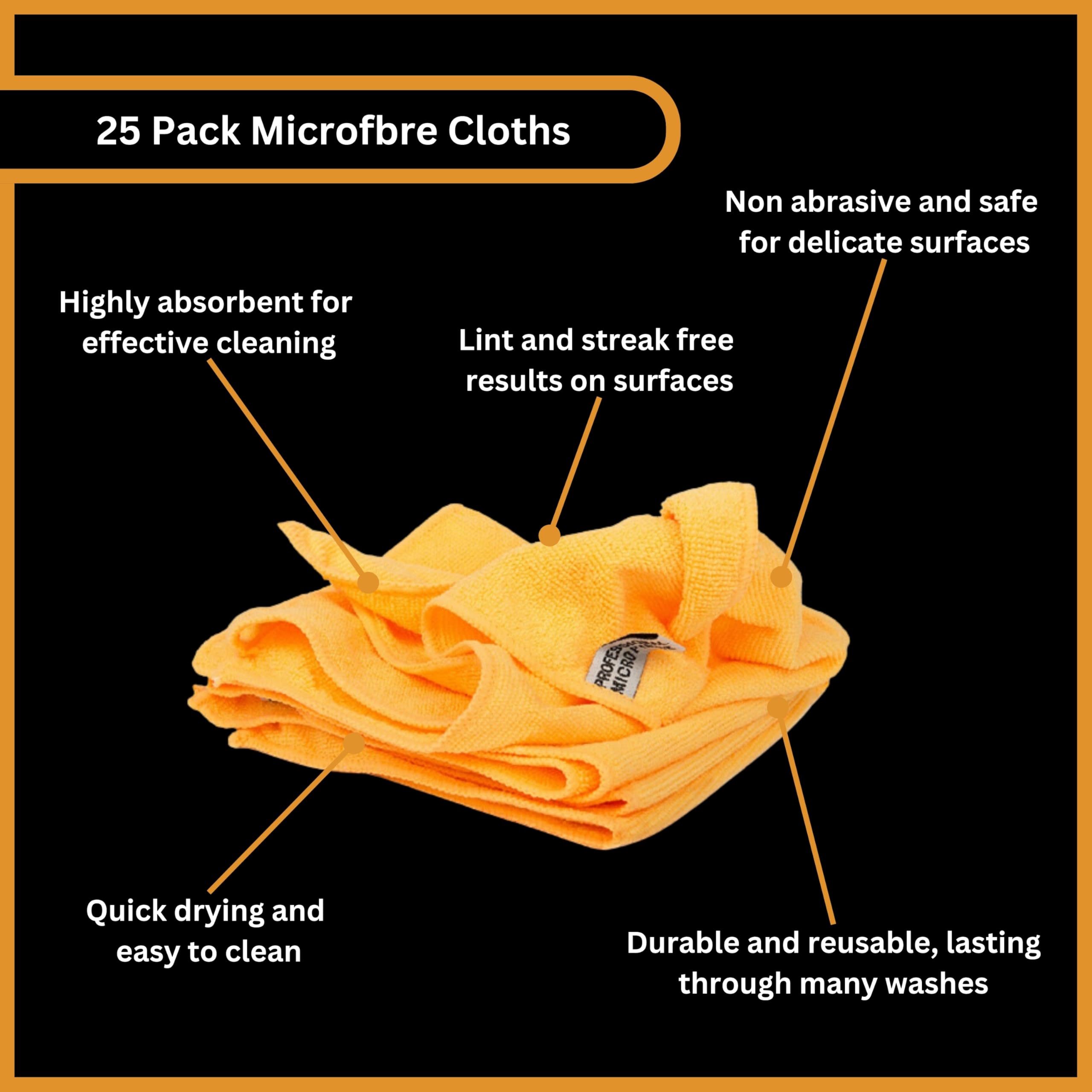 Tek Automotive 25 Stück orangefarbene Mikrofasertücher, 40 x 40 cm, fusselfrei, orangefarbene Reinigungstücher für Autos, Zuhause, Geschirrtücher, Autopflege, Autoreinigungszubehör, Mikrofasertuch,