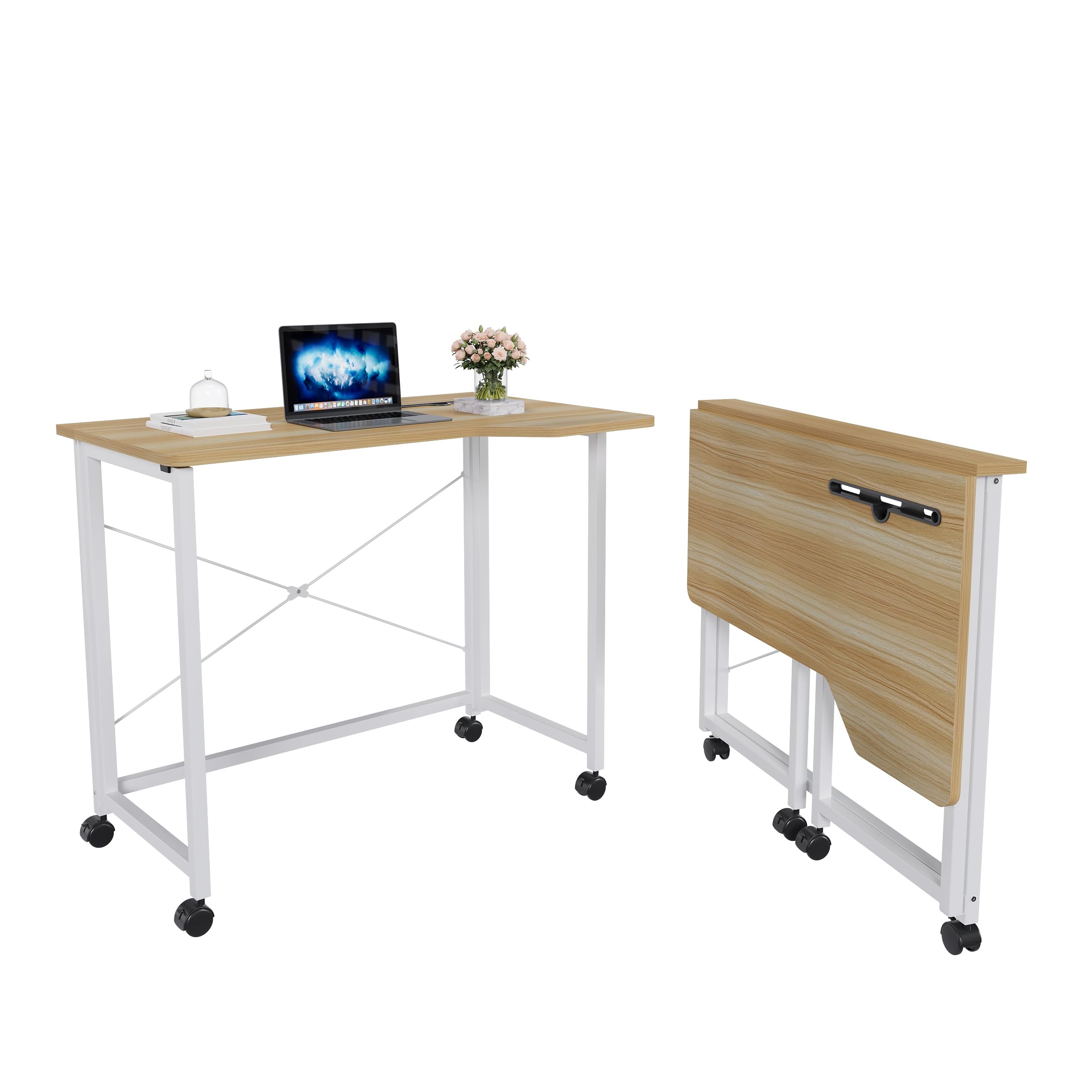 ChromaCasa Computer Desk Fold Easily - 90cm PC Computer Workstation with Wheel Locks,Contemporary Laptop with Durable Metal Pipe Structure,Compact Wooden folding desk for Study, Offices- Brown