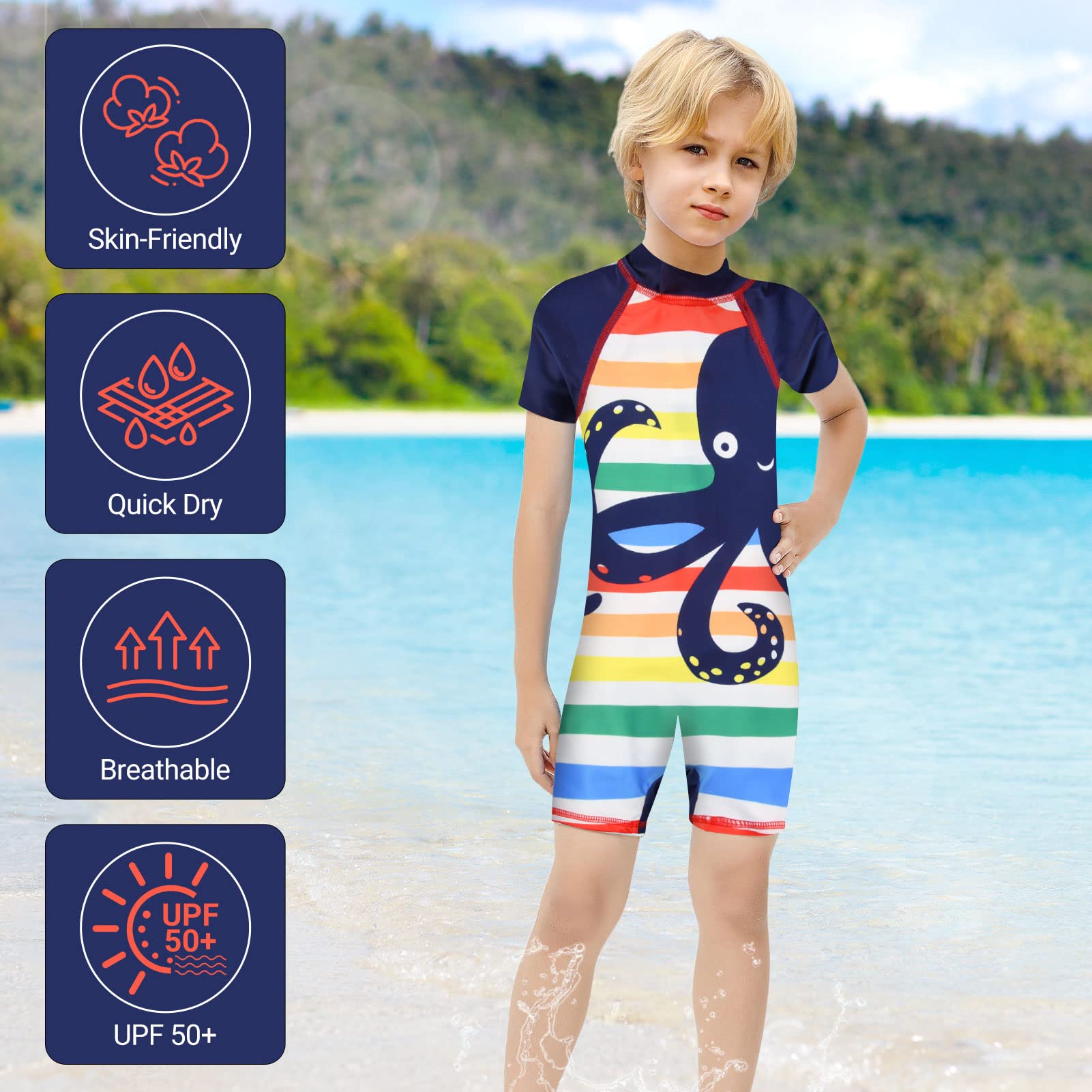 WYTbaby Kinder Jungen Badebekleidung UV Schutz Badeanzug Alles in Eins Sonnenschutz Bademode Einteiler Neoprenanzüge UPF 50+ Schwimmanzug mit Einem Reißverschluss Kurzarm-Hautausschlagschutz