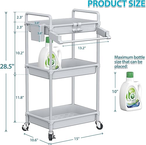 Miniatura 4 de SPACEKEEPER Carrito de almacenamiento rodante, carrito utilitario de 3 niveles, organización de cuarto de servicio, estantería móvil, organizador de