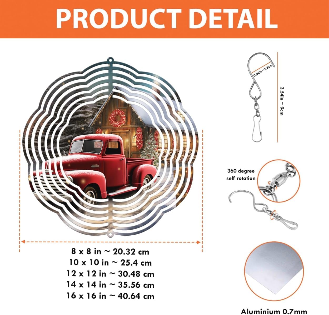 Red Truck with Farmhouse Christmas Wind Spinners 3D Stainless Steel Laser Cut Metal Double Sided Printing-Hanging Indoor/Outdoor Decorations Yard Gardening Decor,Metal Kinetic Art 14x14 inches