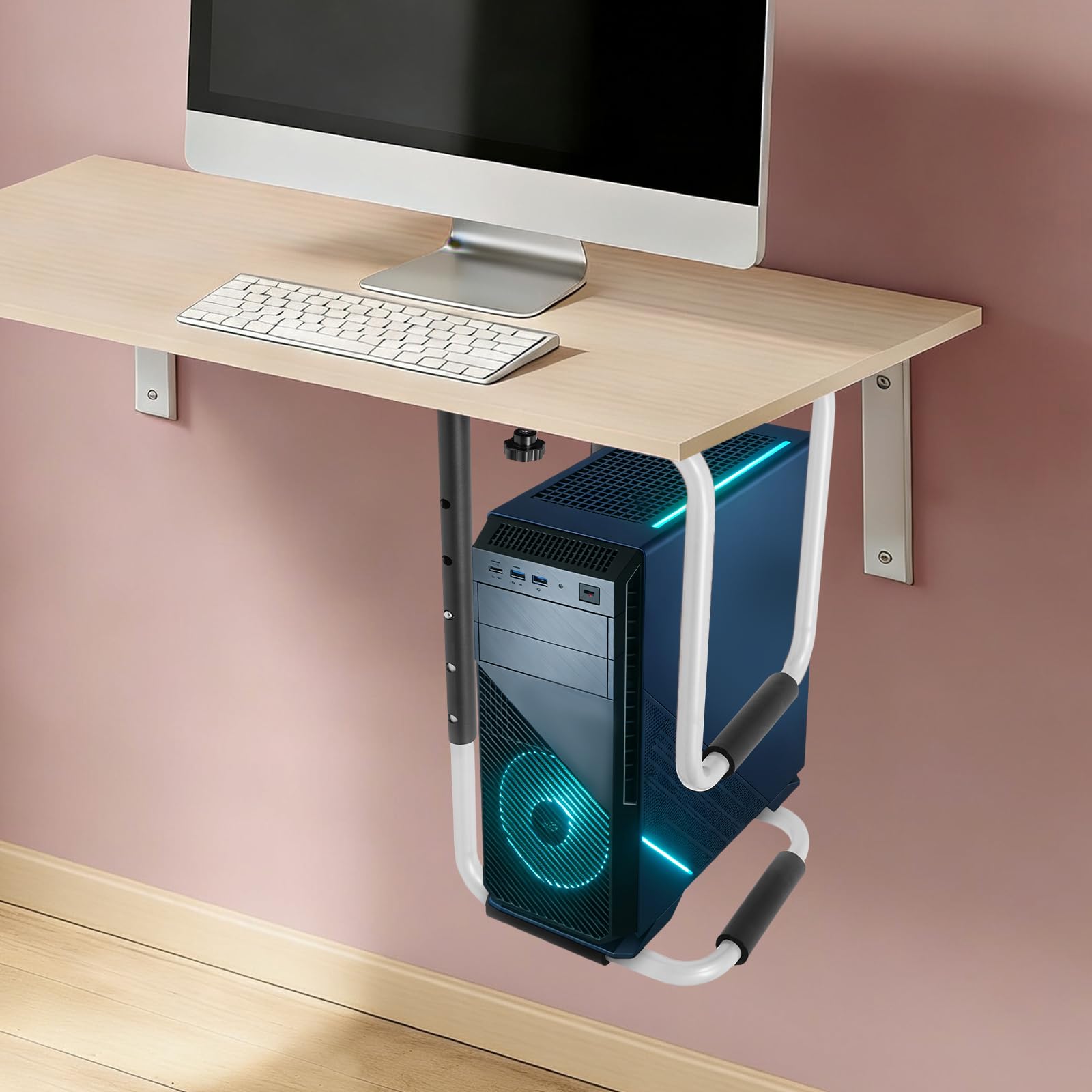 Supporto per PC sotto la scrivania, portata 27,22 kg, supporto da parete per PC, regolabile in altezza 30-60 cm, in acciaio Q235, supporto per alloggiamento sotto il tavolo, nero