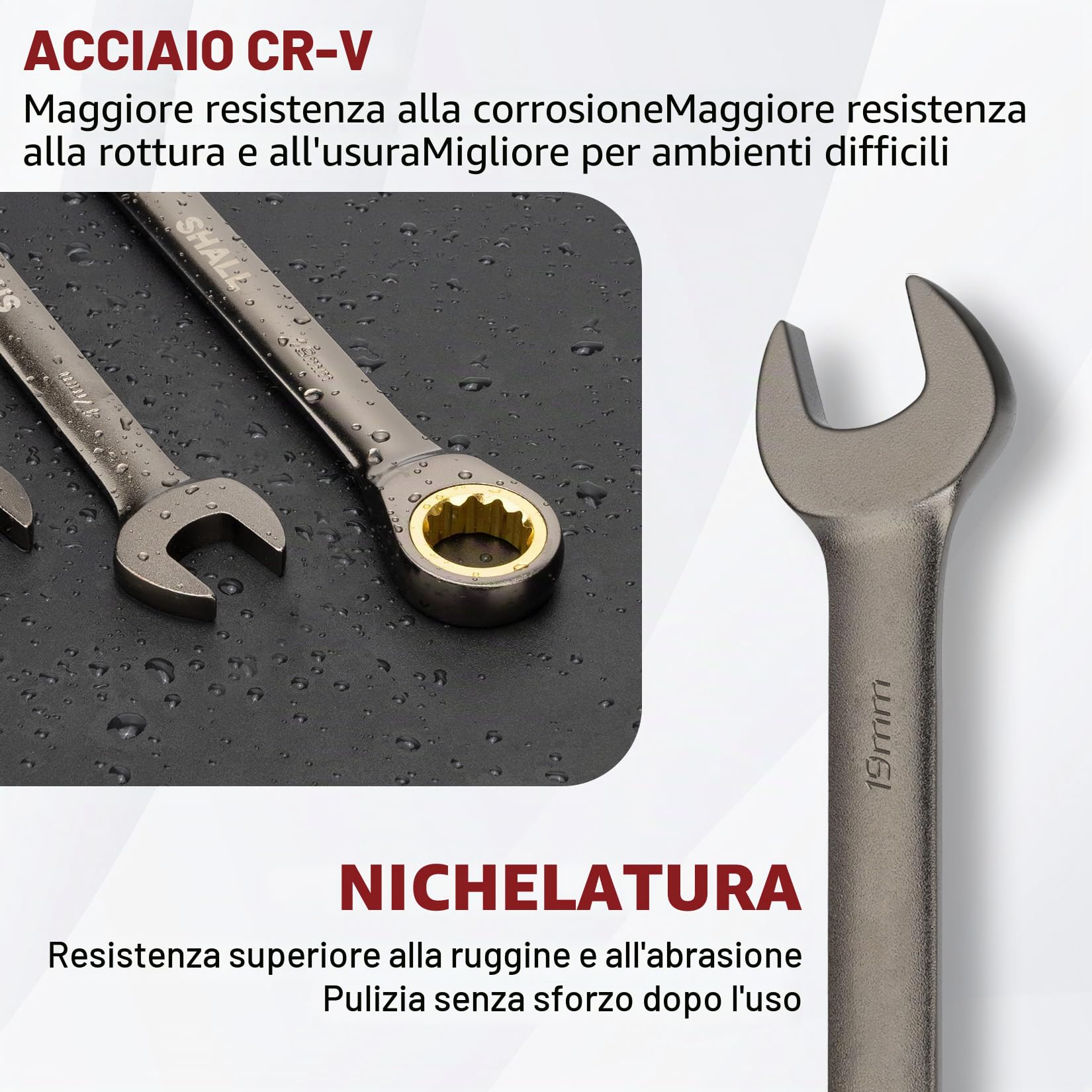 Shall Set di chiavi a cricchetto da 9 pezzi da 8-19 mm (8, 10, 11, 12, 13, 14, 15, 17, 19 mm), chiavi combinate a 72 denti, acciaio al cromo vanadio con finitura antiruggine e custodia per