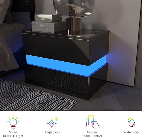 Miniatura 5 de Mesita de noche LED moderna de alto brillo con armario de almacenamiento, mesita de noche con 2 cajones para muebles de dormitorio y sala de estar
