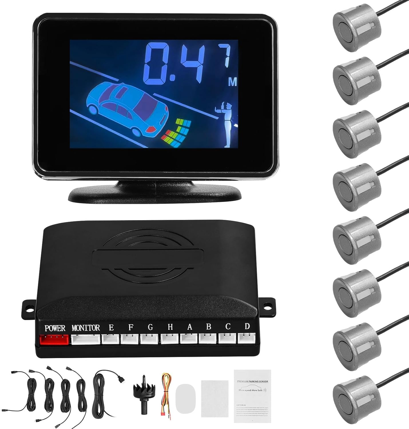 Walfront Car Parking Sensor System LCD Display 8 Sensors Multiple Alarm Modes ABS Material UltraAccurate Detection 300-2500mm Realtime Display for Vehicles (Grey)