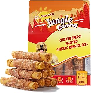 Jungle Calling Dog Treats Smoked Chicken Wrapped Rawhide Rolls, High Protein Dog Chews, Long Lasting Chews for Medium and Large Dogs, 10.6 Oz, About 10 Count