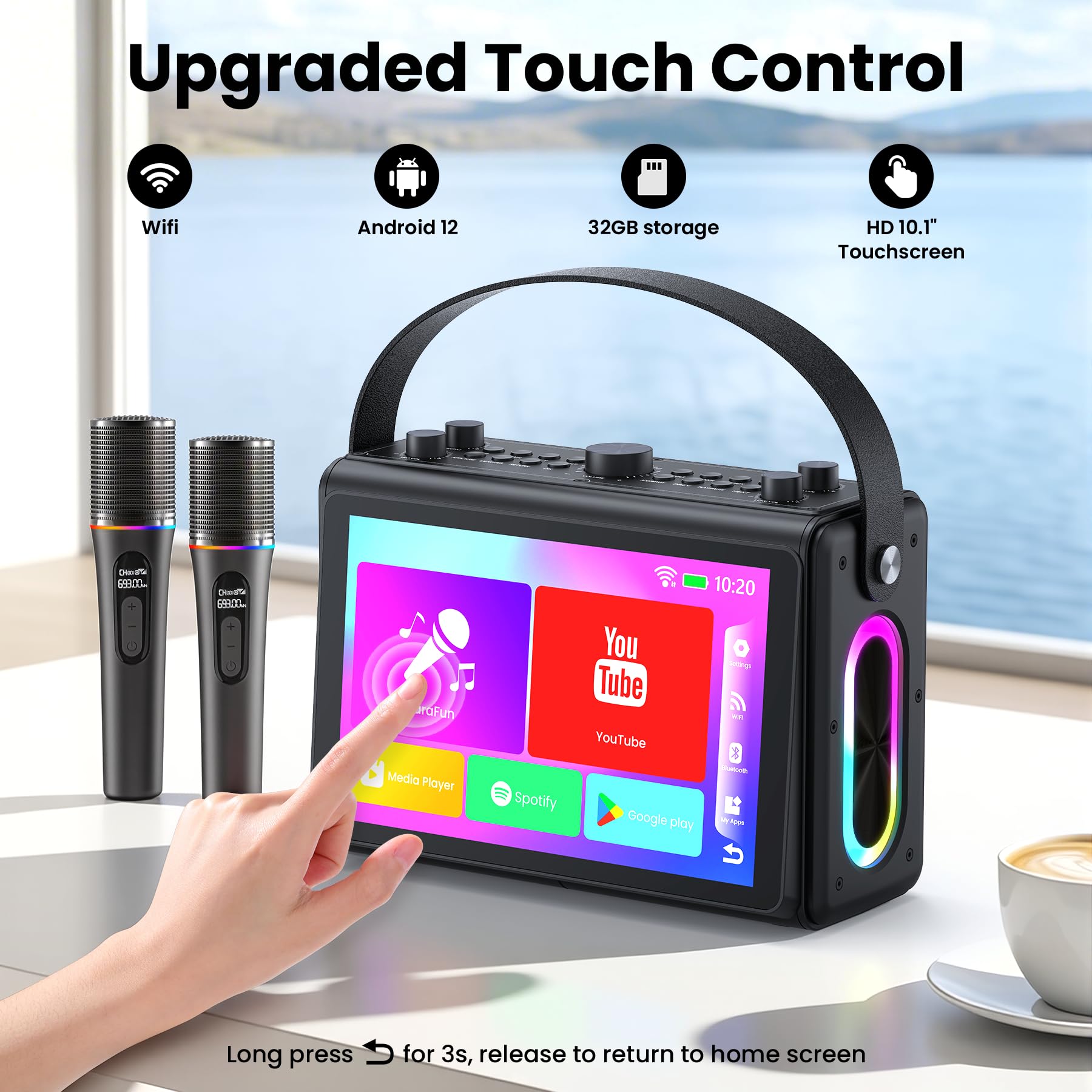 Máquina de karaoke para adultos, pantalla de letras HD integrada de 10.1 pulgadas, compatible con WiFi, Bluetooth, HDMI, USB y TF, reproductor de karaoke portátil con 2 micrófonos inalámbricos para
