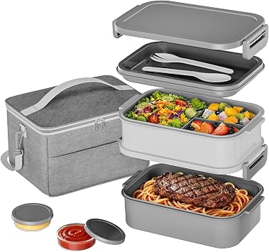 Adults Lunchbox Bento Box with Lunch Bag- 74 OZ All-in-One Stackable Lunch Box for Adults Kids Women Men Leakproof Bento Large Lunch Box Containers with Fork Spoon Sauce Box for Work School Grey
