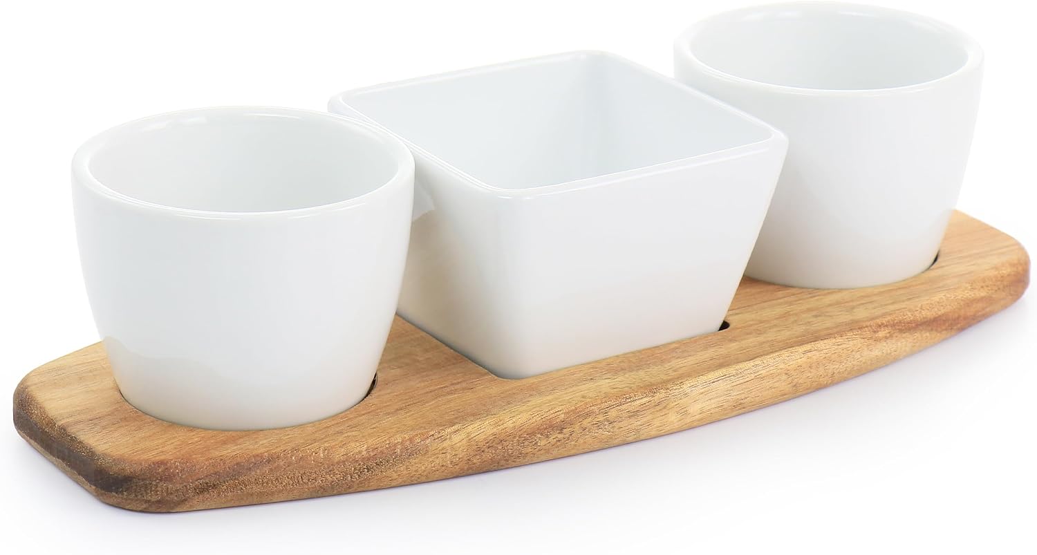 Gibson Elite Gracious Dining 4 Piece Fine Ceramic Tidbit Dish Set with Acacia Wood Base