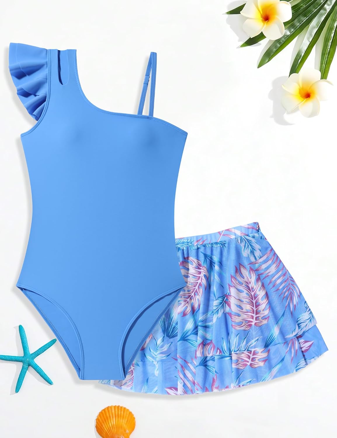 Girls Swimsuit One Piece Swimwear Top with Tropical Print Cover Up Skirt Girls Bathing Suit 7-16 Years - Image 6